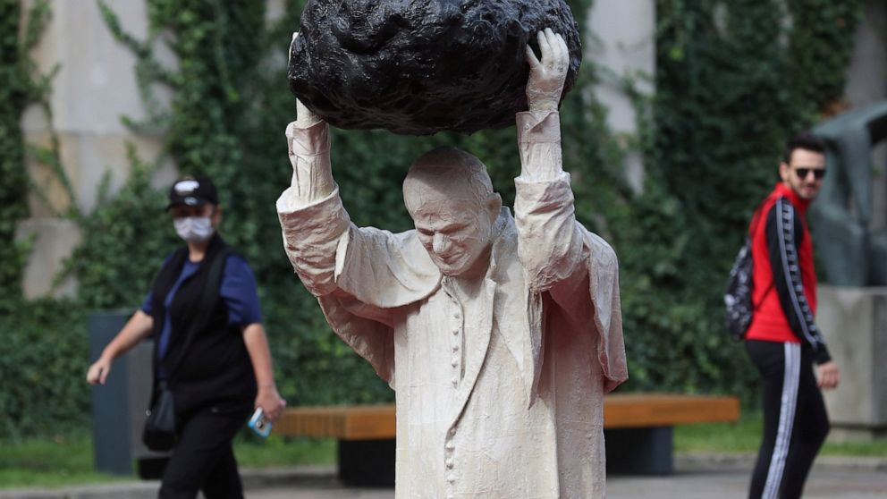 Violence at work Sculpture of John Paul II with rock, red water makes waves